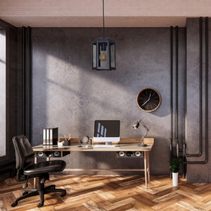 PENDENTE SEXTAVADO COM TELA PARA 1 LAMPADA E27 PRETO MICRO - IDEAL LUSTRES