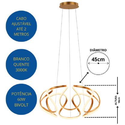 PENDENTE LED HORIZON BOMBAIM 60W LUZ AMARELA 3000K 4800LM GOLD - HEVVY