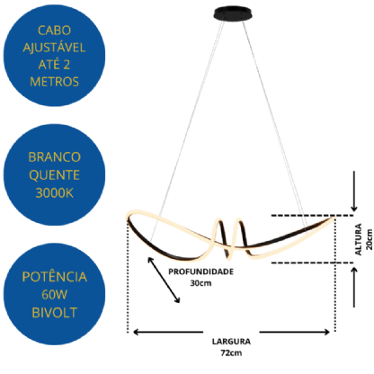 PENDENTE LED HORIZON MANILA 60W LUZ AMARELA 3000K 4800LM PRETO - HEVVY