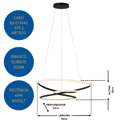 PENDENTE LED HORIZON OSAKA 48W LUZ AMARELA 3000K 3030LM PRETO - HEVVY