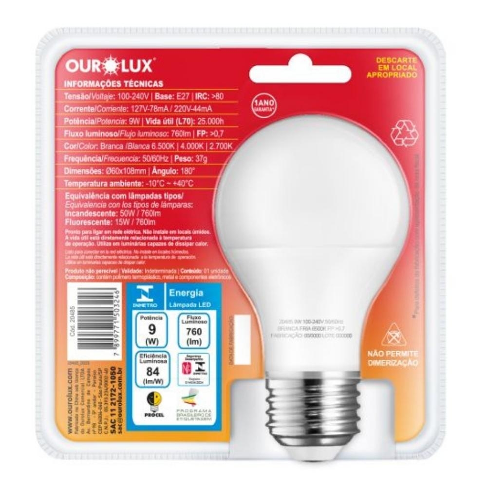 LAMPADA LED BULBO E27 9W BIVOLT 3 TONS DE BRANCO - OUROLUX