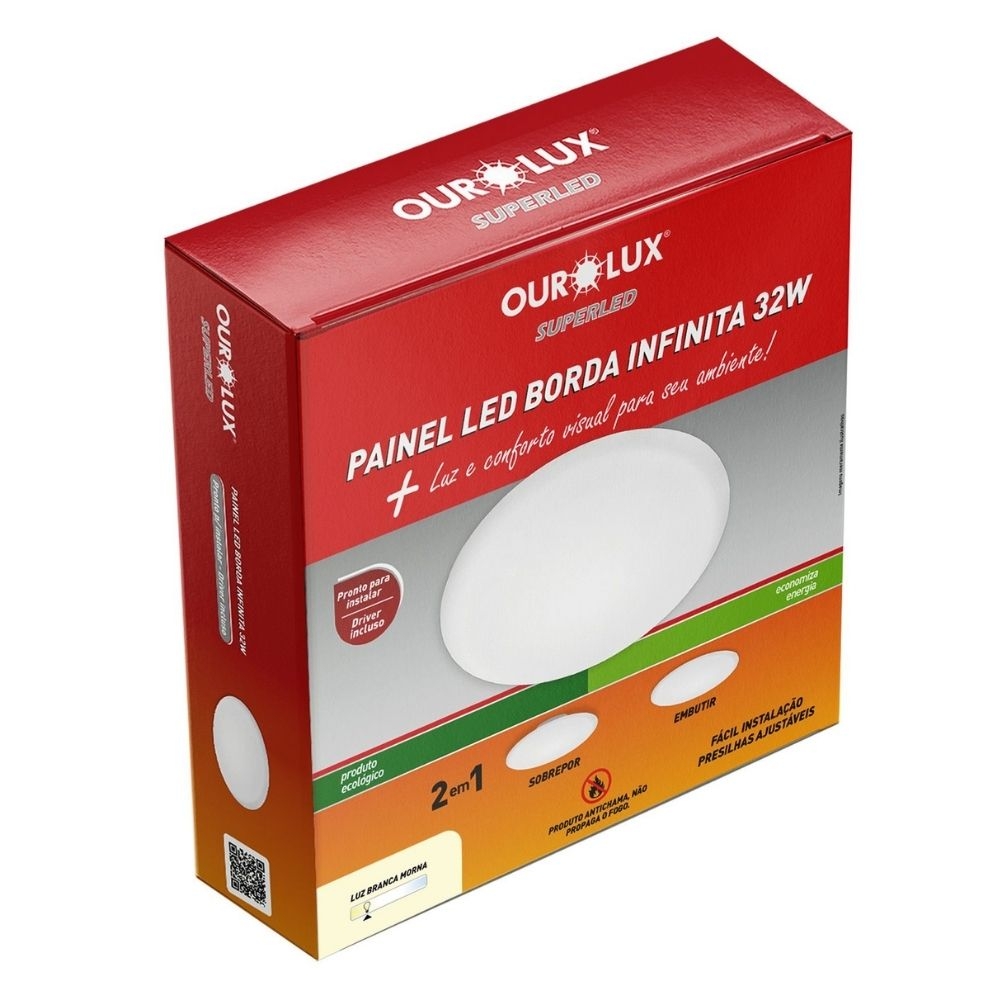 PAINEL LED BORDA INFINITA 32W BIVOLT LUZ AMARELA 2700K 3200LM REDONDO - OUROLUX