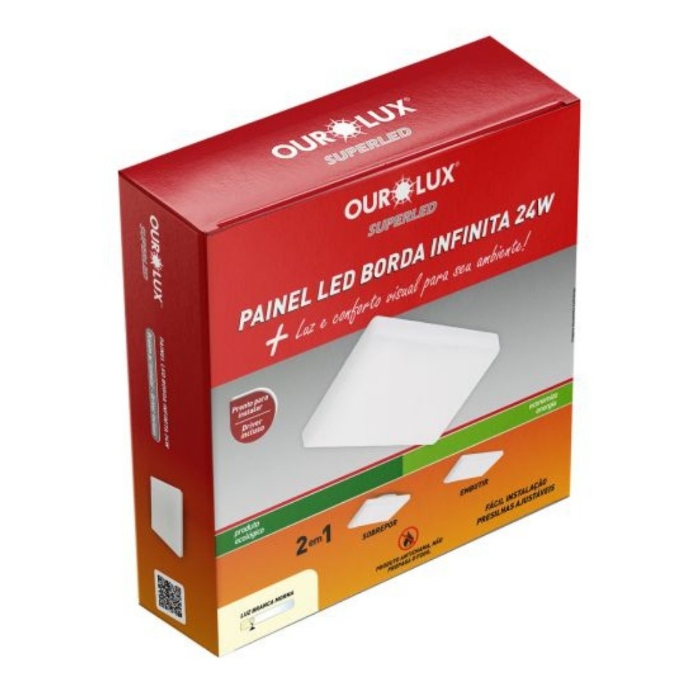 PAINEL LED BORDA INFINITA 24W BIVOLT LUZ AMARELA 2700K 2400LM QUADRADO - OUROLUX