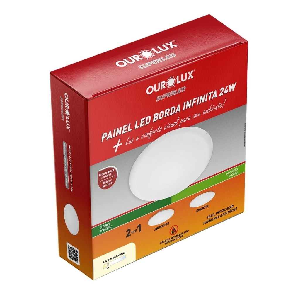 PAINEL LED BORDA INFINITA 24W BIVOLT LUZ AMARELA 2700K 2400LM REDONDO - OUROLUX