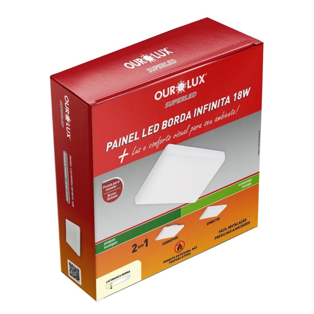 PAINEL LED BORDA INFINITA 18W BIVOLT LUZ AMARELA 2700K 1700LM QUADRADO - OUROLUX