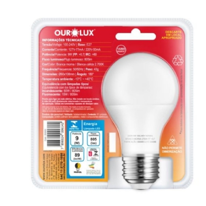 LAMPADA LED DIMERIZAVEL BULBO E27 9W BIVOLT LUZ AMARELA 2700K - OUROLUX