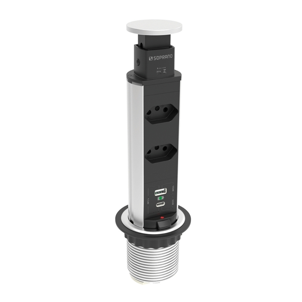 TORRE 2 TOMADAS + 1 USB + 1 USB-C 16A 3500W PRATA - SOPRANO