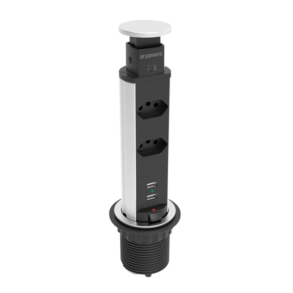 TORRE 2 TOMADAS + 2 USB 16A 3500W PRATA - SOPRANO