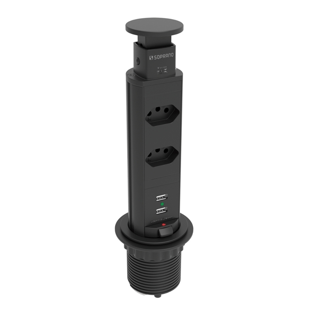 TORRE 2 TOMADAS + 2 USB 16A 3500W PRETO - SOPRANO
